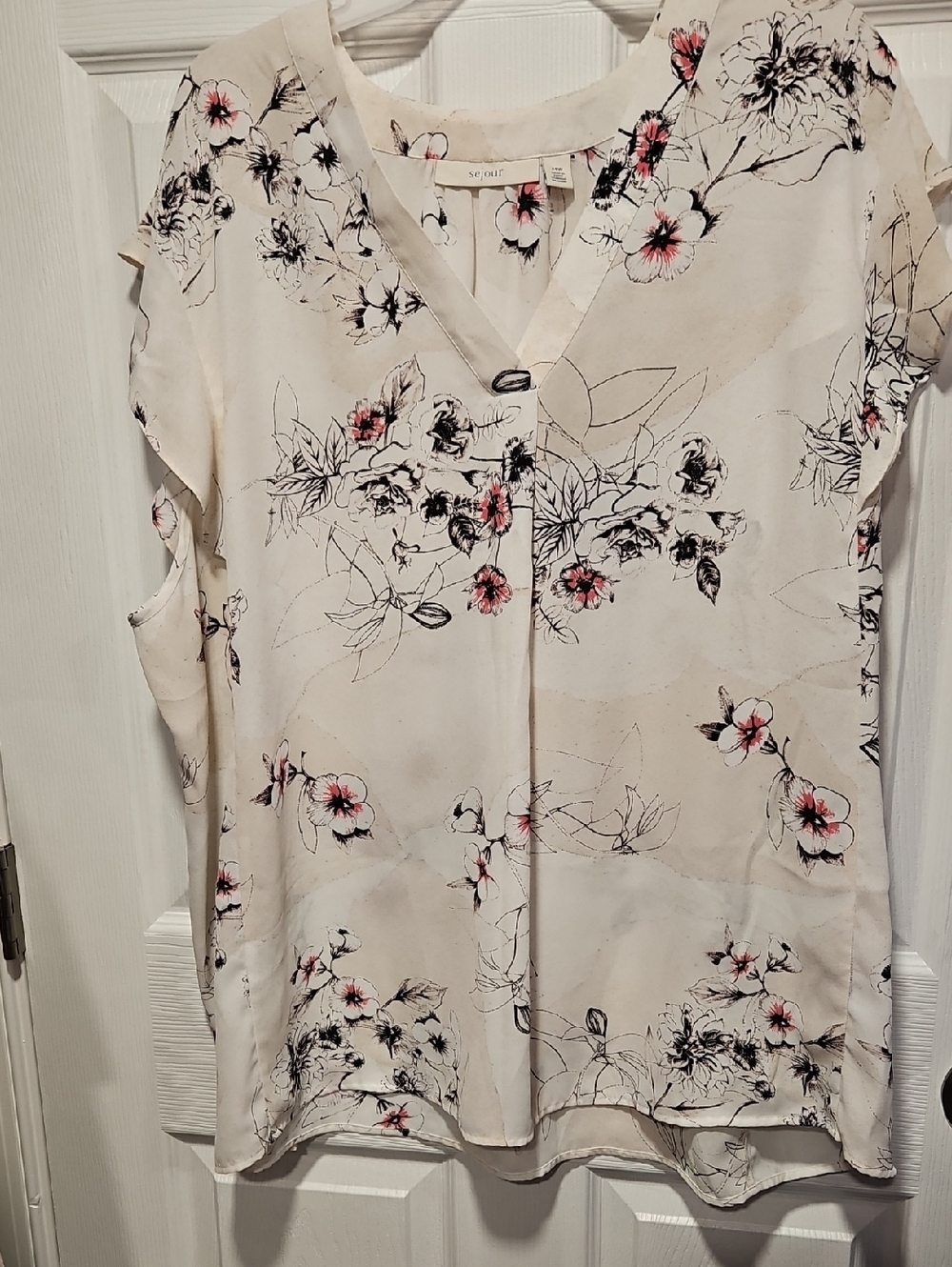 Sejour Cream Floral V-Neck Blouse with Black and Pink Accents